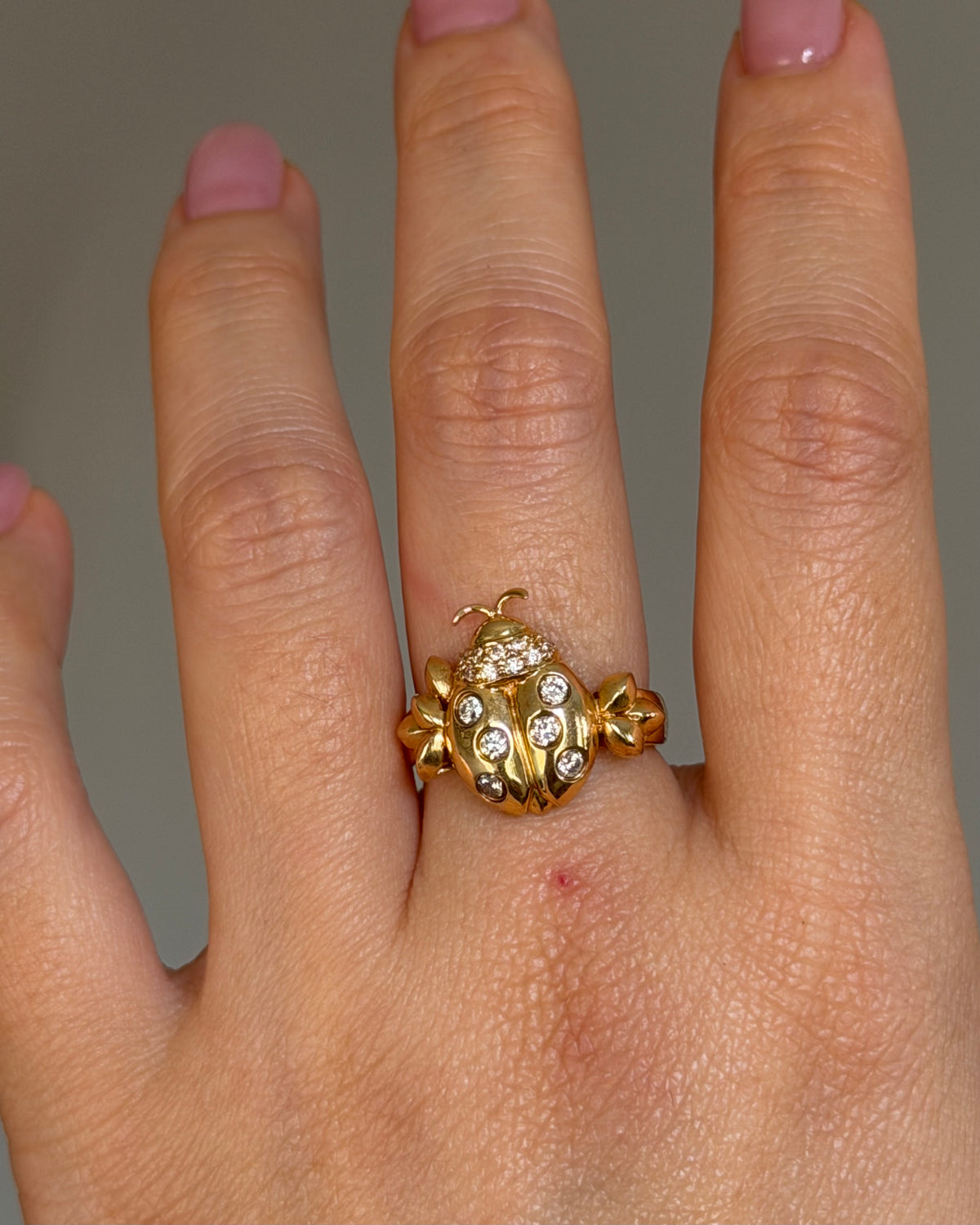Vintage 18k Gold Flush Set Diamond Lady Bug Ring