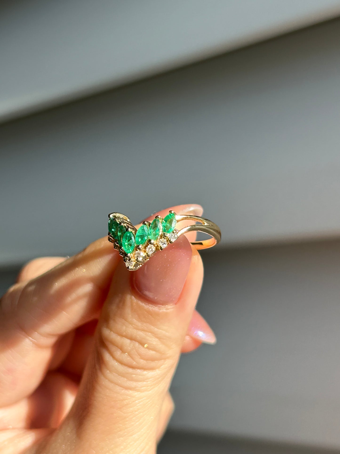 Vintage 18k Emerald Marquise and Diamond Chevron Ring: US Size 6