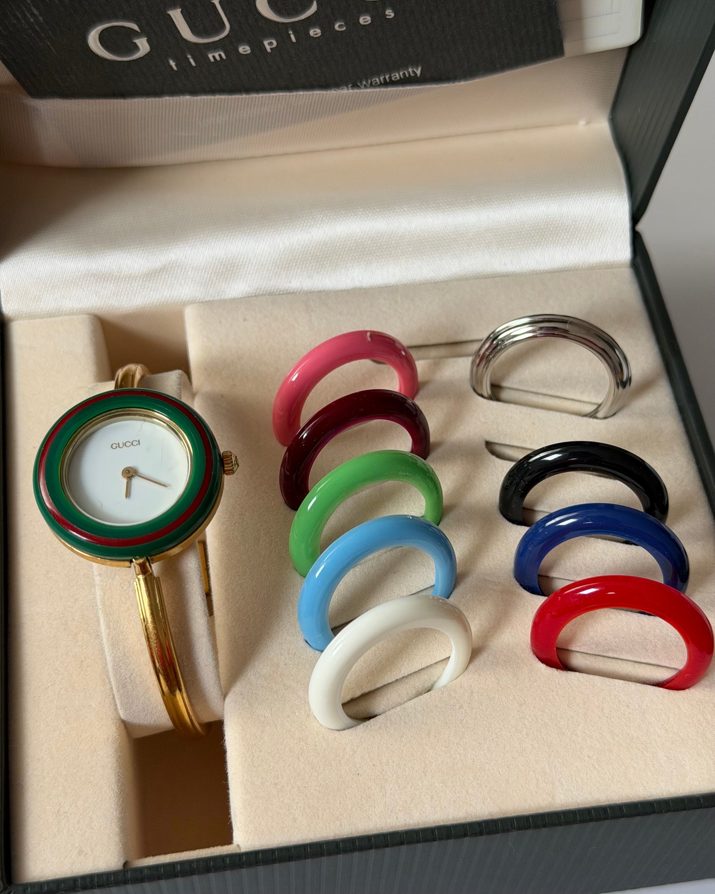 Vintage Gucci Gold Plated Stainless Steel Interchangeable Bezel Bangle Watch- Box and Papers