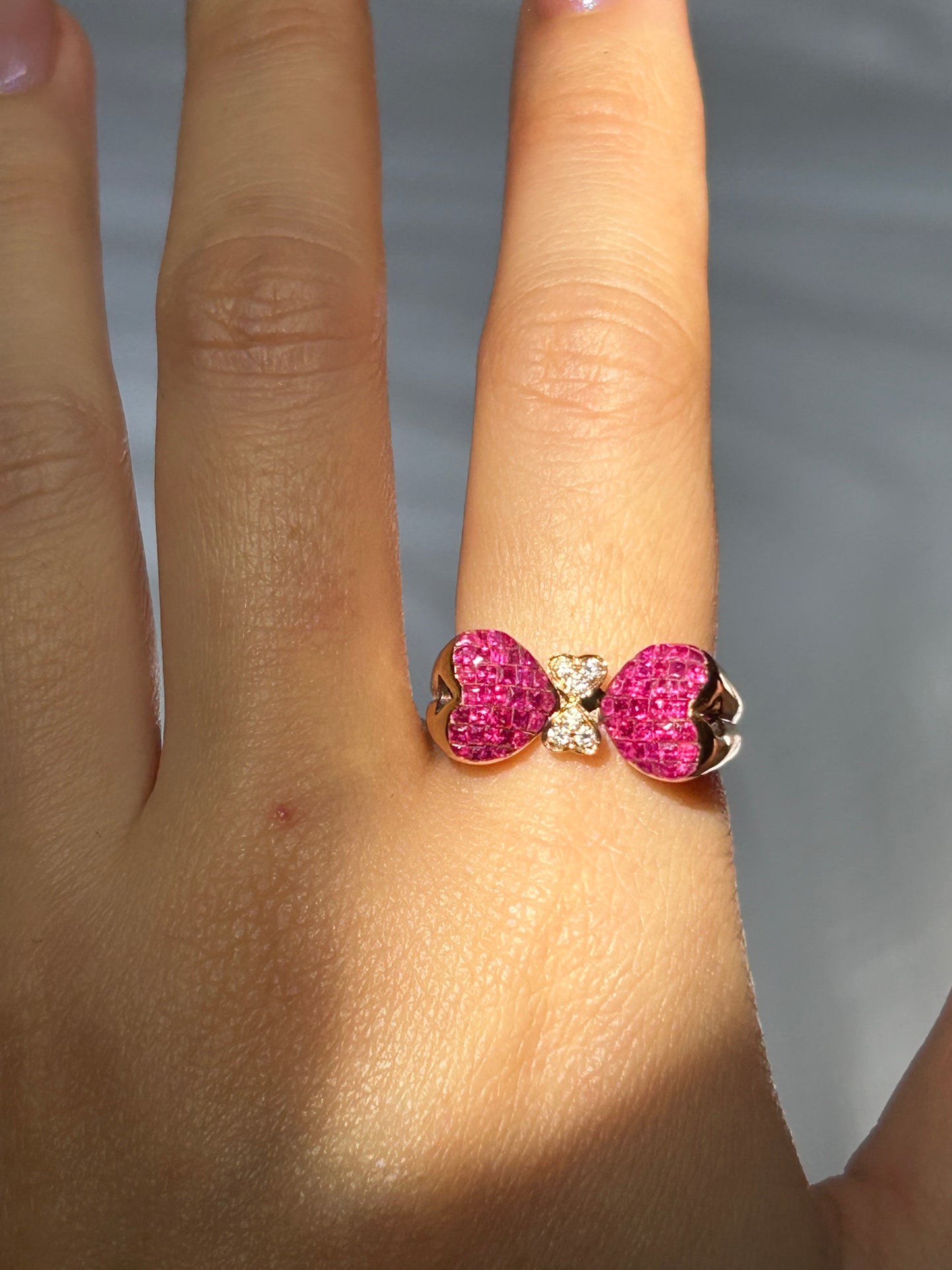 Vintage 18k Invisible Set Ruby Heart-Winged Butterfly Ring: Size 6.75