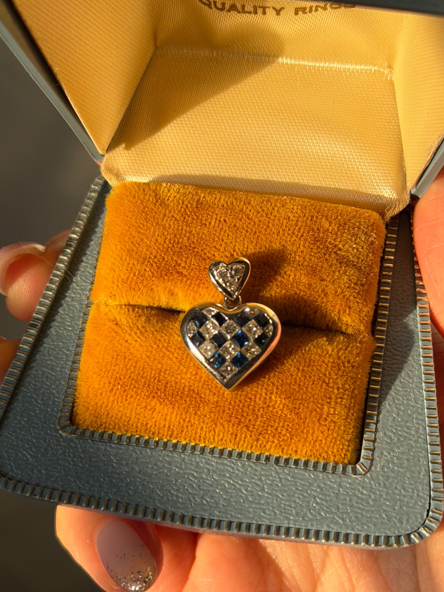 Vintage 18k White Gold Sapphire & Diamond Invisible Set Heart Pendant