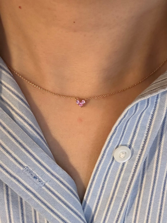 Modern 18k Gold Invisible Set Pink Sapphire Pixelated Heart Dainty Necklace