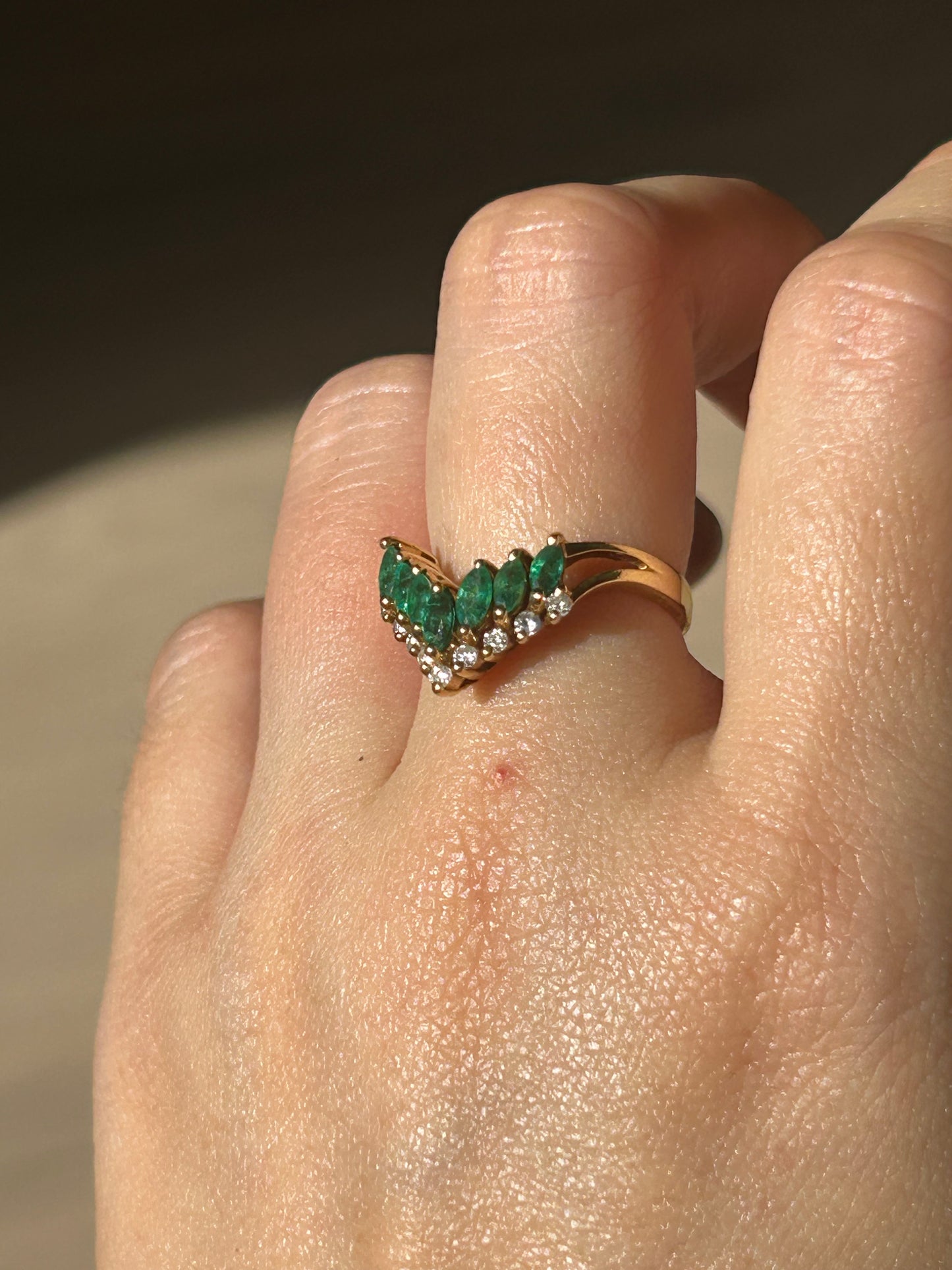 Vintage 18k Emerald Marquise and Diamond Chevron Ring: US Size 6