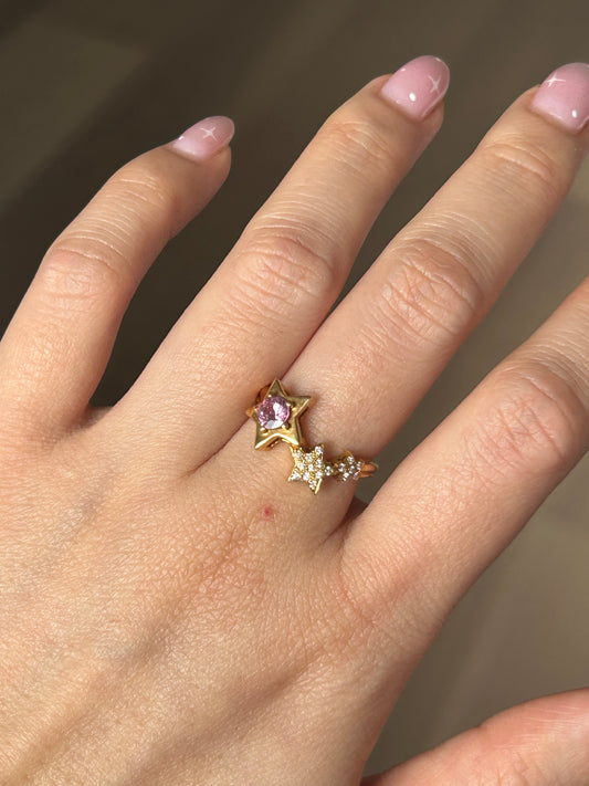 Vintage 18k Gold Pink Sapphire & Diamond Star Celestial Ring - Size 5.25