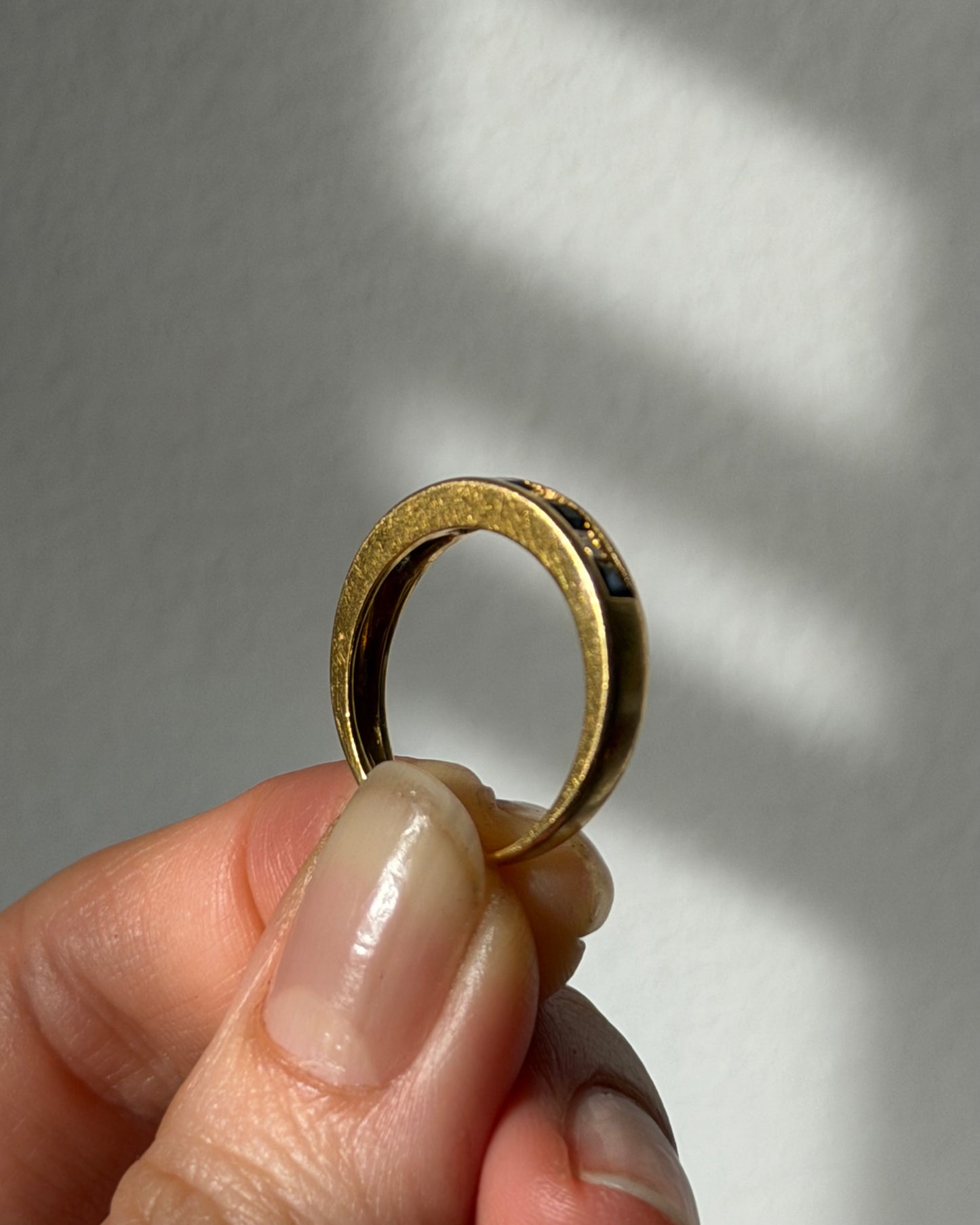 Vintage 18k Gold Step-Cut Square Diamond and Sapphire Channel Set Stackable Ring