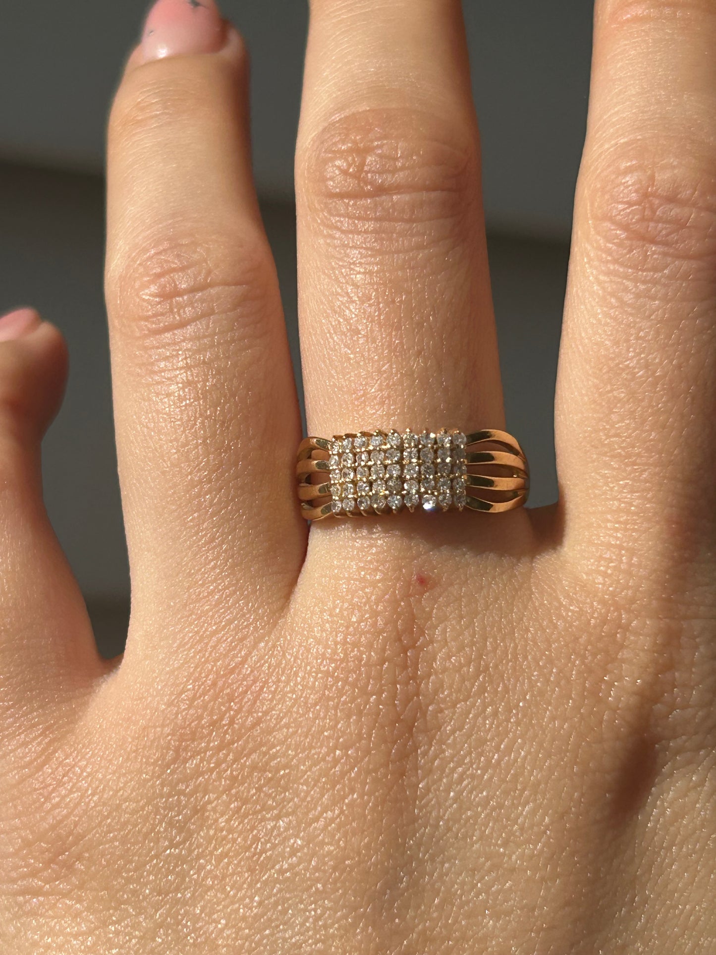 Vintage 18k Yellow Gold Diamond Grid Ring: US Size 7.5, 0.9 ct Diamonds
