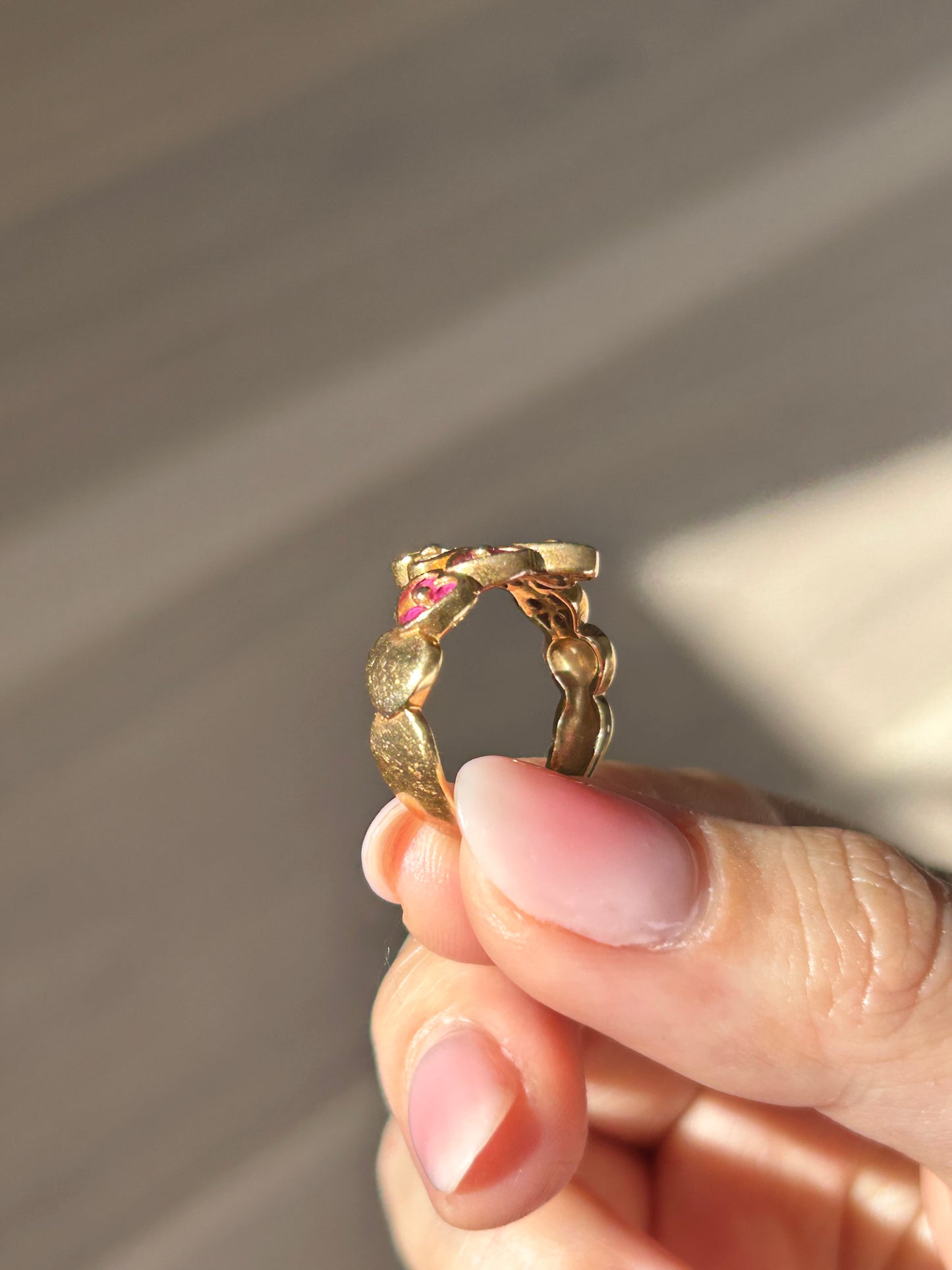 Vintage 18k Heart Bypass Ring: Rubies and Diamonds, US Size 6