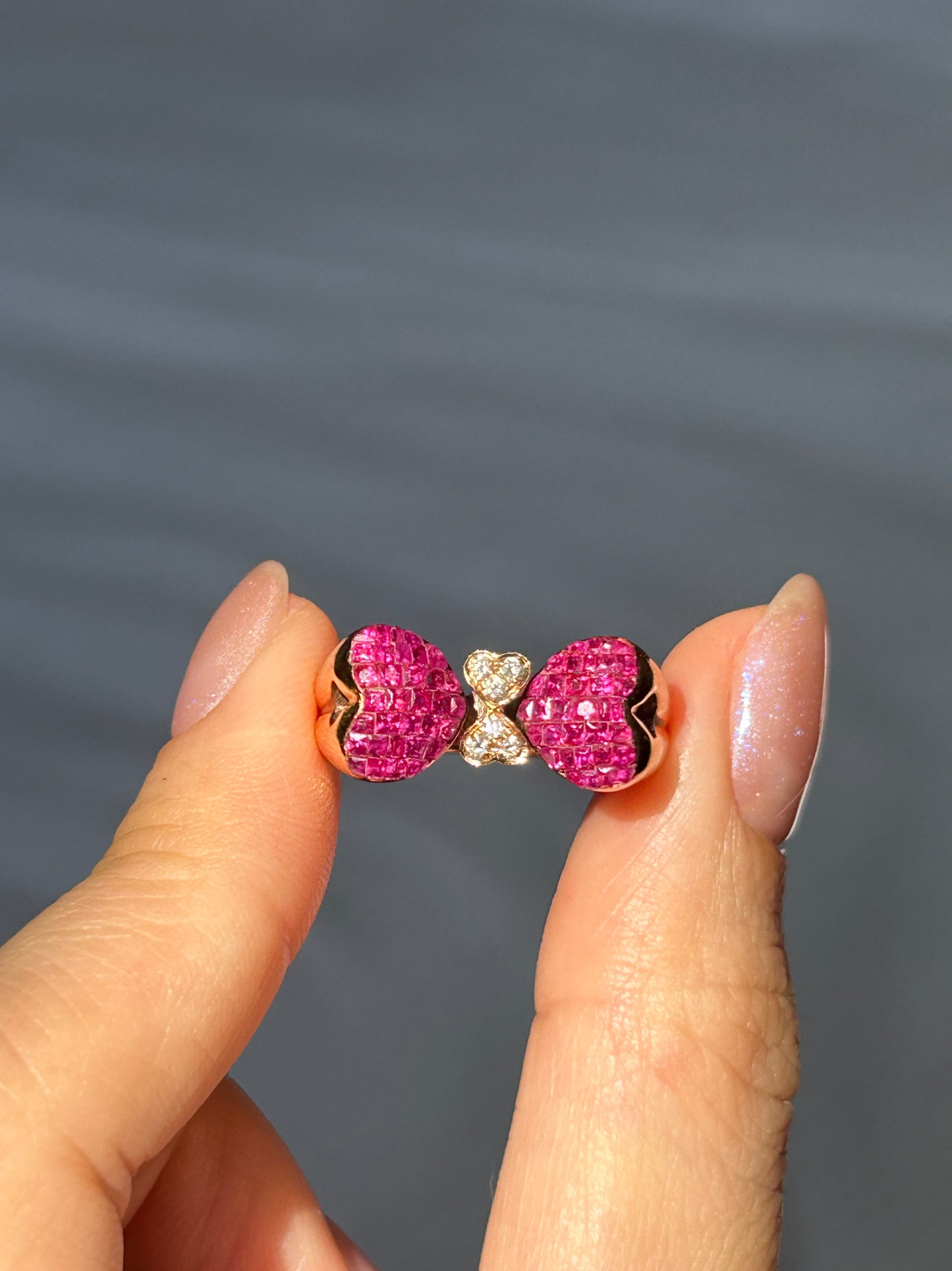 Vintage 18k Invisible Set Ruby Heart-Winged Butterfly Ring: Size 6.75