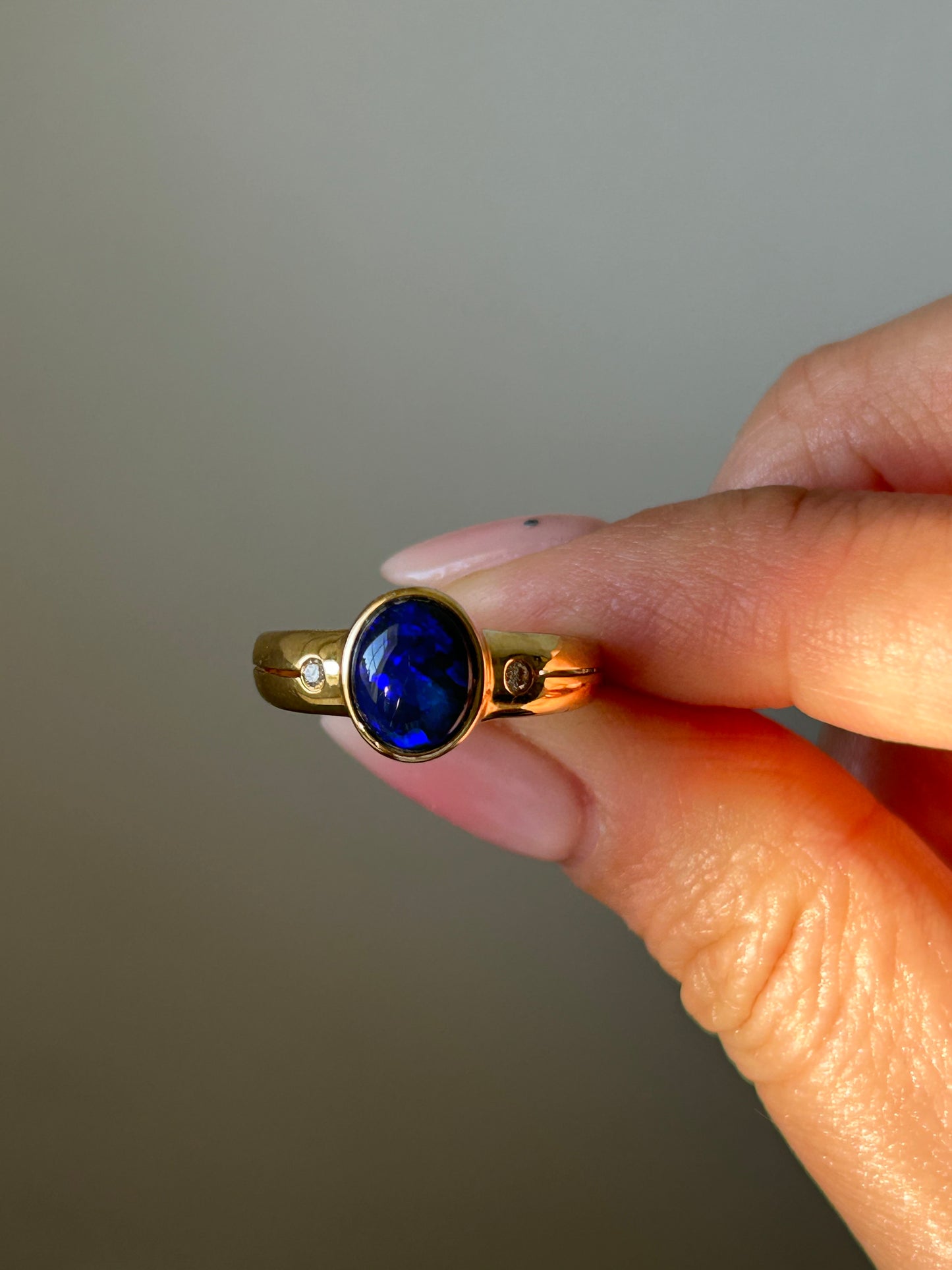 Stunning Black/Blue Opal Bezel Set Ring: Size 6.5 US
