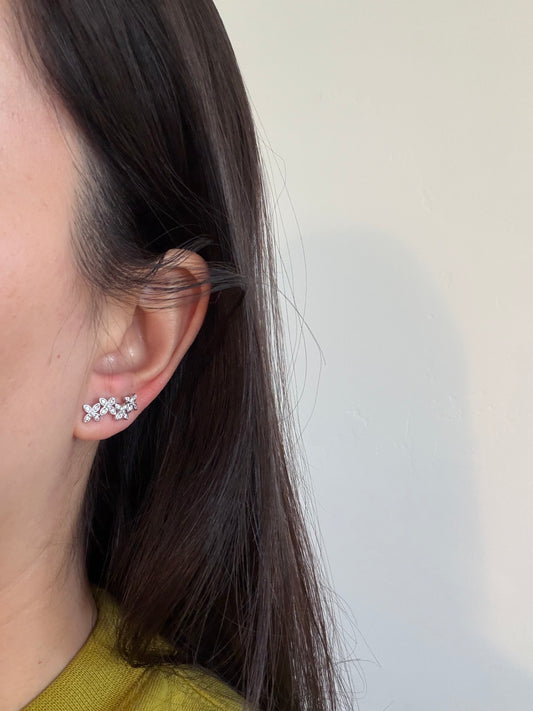 Modern Estate 18k White Gold Diamond Flower Climber Earrings - 0.30ctw