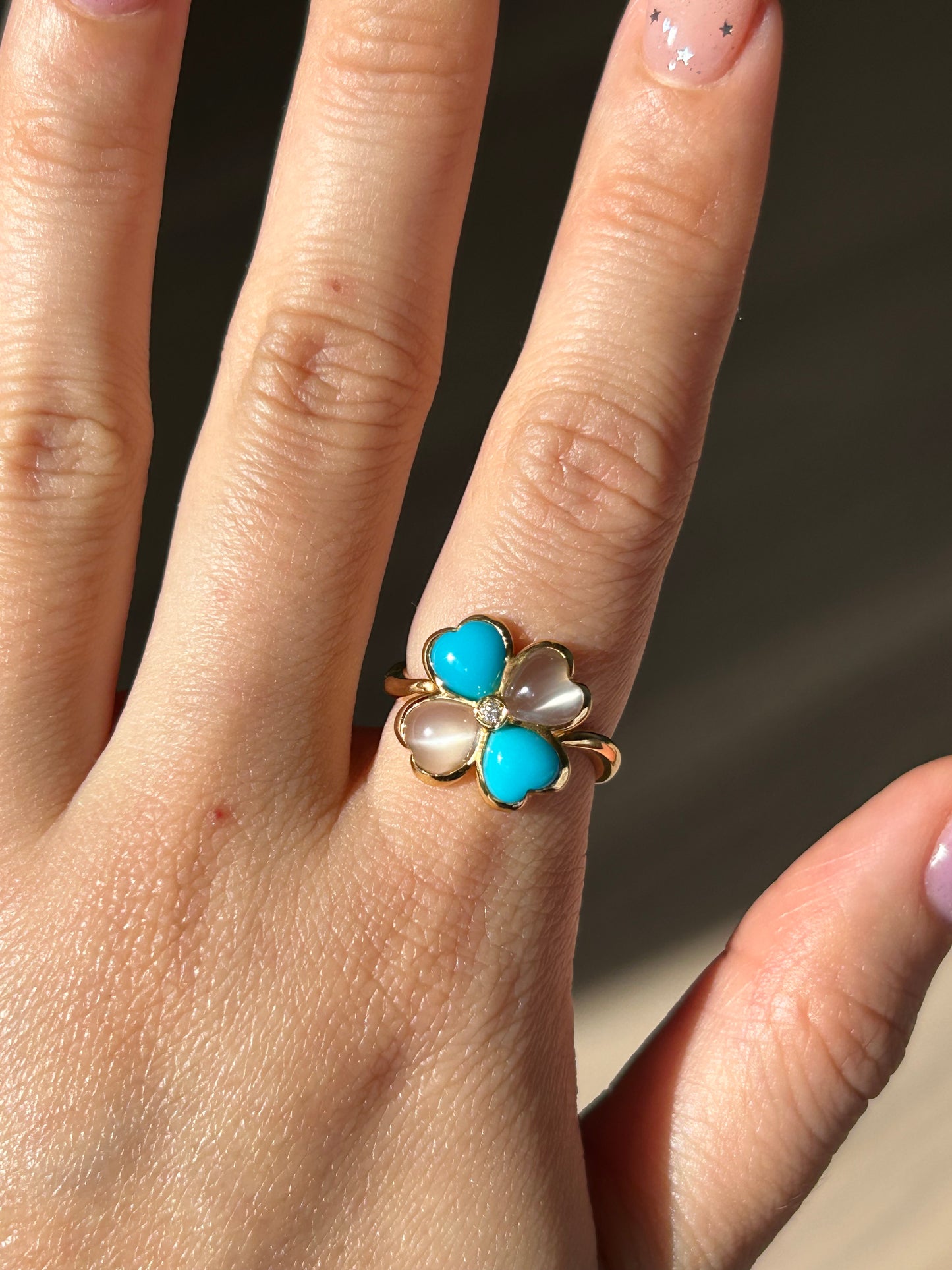 Vintage 18k Moonstone and Turquoise Four-Leaf Clover Ring