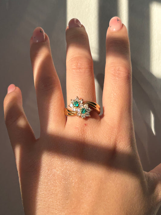Vintage 18k Diamond and Emerald Twin Flowers Ring: US Size 7