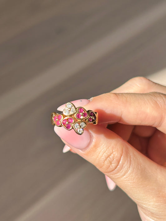 Vintage 18k Heart Bypass Ring: Rubies and Diamonds, US Size 6
