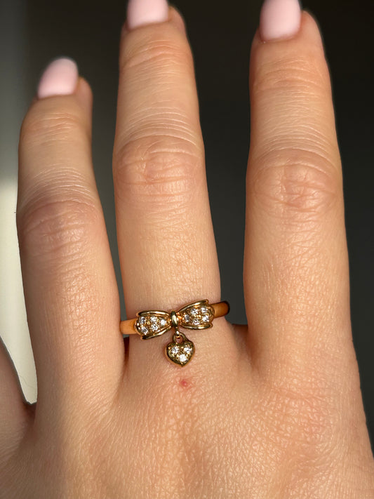 Vintage 18k Gold Diamond Bow Ring with Heart Charm