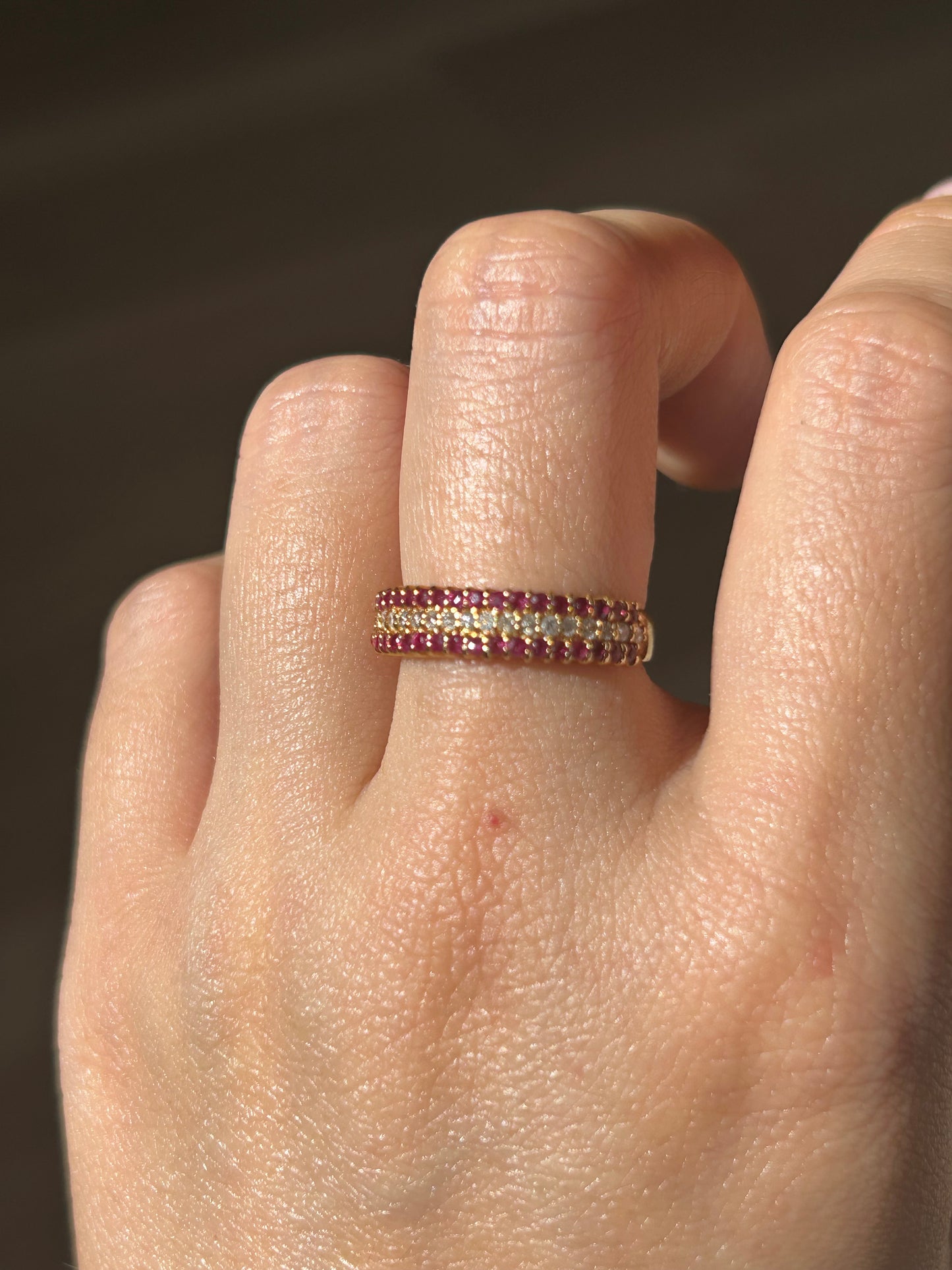 Vintage 18k Triple Row Diamond and Ruby Ring: US Size 5.75