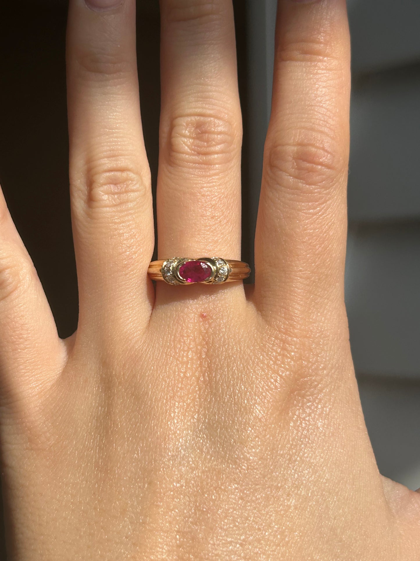 Vintage 18k East West Oval Ruby and Diamond Ring: US Size 6.5