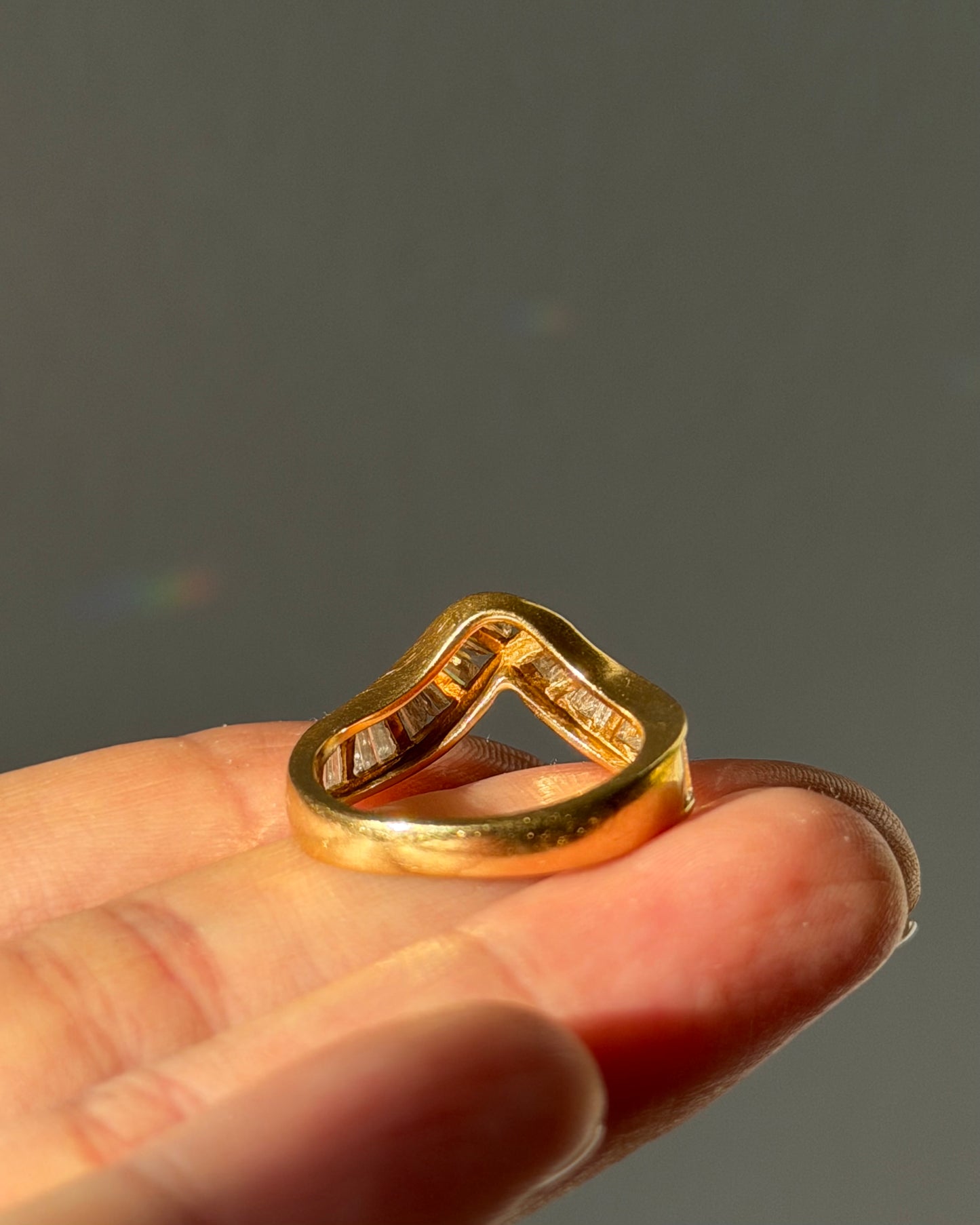 Vintage 18k Gold Channel Set Baguette Diamond Chevron Curved Ring