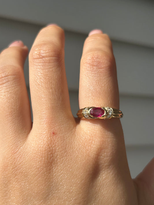 Vintage 18k East West Oval Ruby and Diamond Ring: US Size 6.5