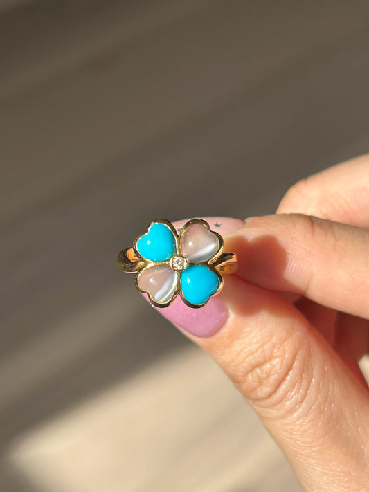 Vintage 18k Moonstone and Turquoise Four-Leaf Clover Ring