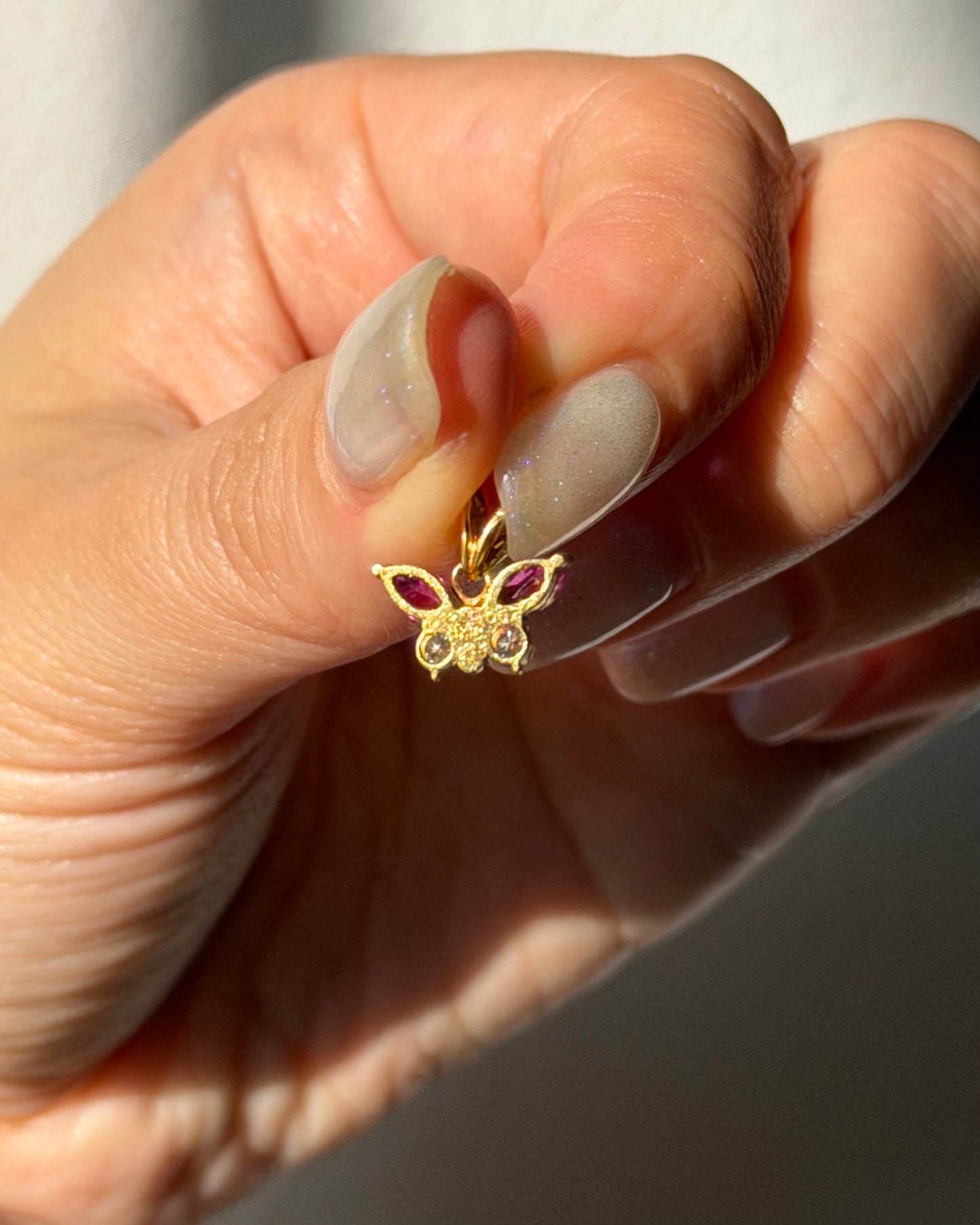 Dainty Vintage 18k Gold Ruby Marquise and Diamond Butterfly Motif Charm Pendant