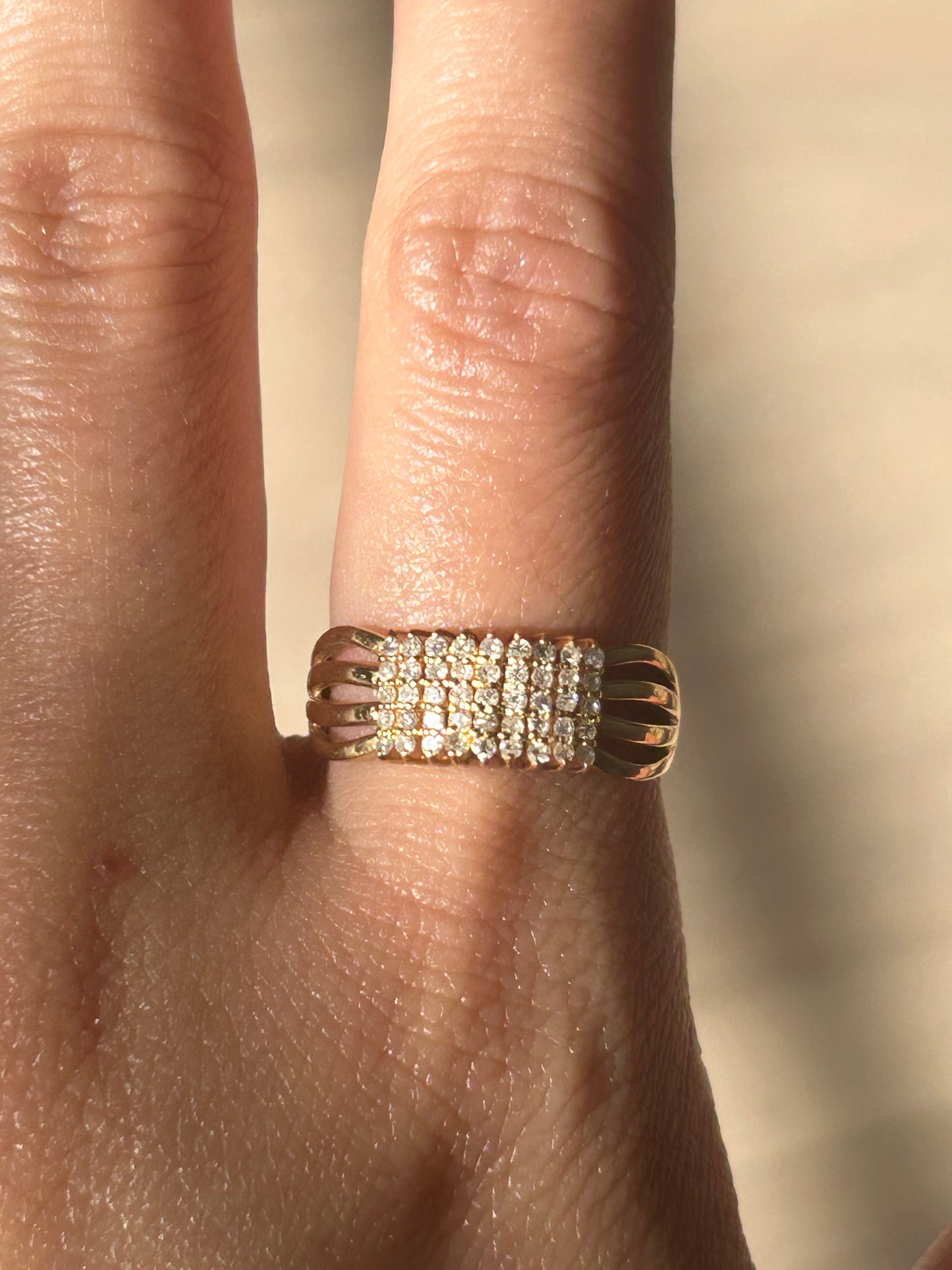 Vintage 18k Yellow Gold Diamond Grid Ring: US Size 7.5, 0.9 ct Diamonds