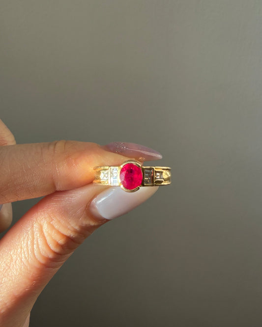 Vintage 18k Gold Art Deco Inspired Half Bezel Set Ruby and Emerald-Cut Diamond Ring