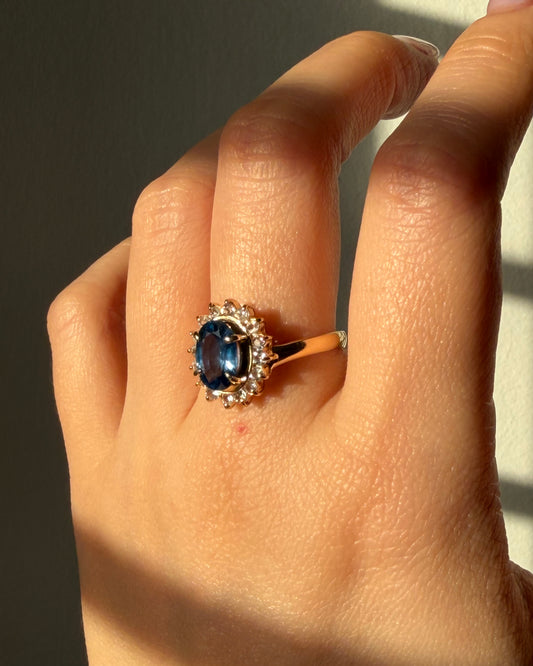 Vintage 18k Gold Oval Blue Sapphire with Glass Stone Halo Ring