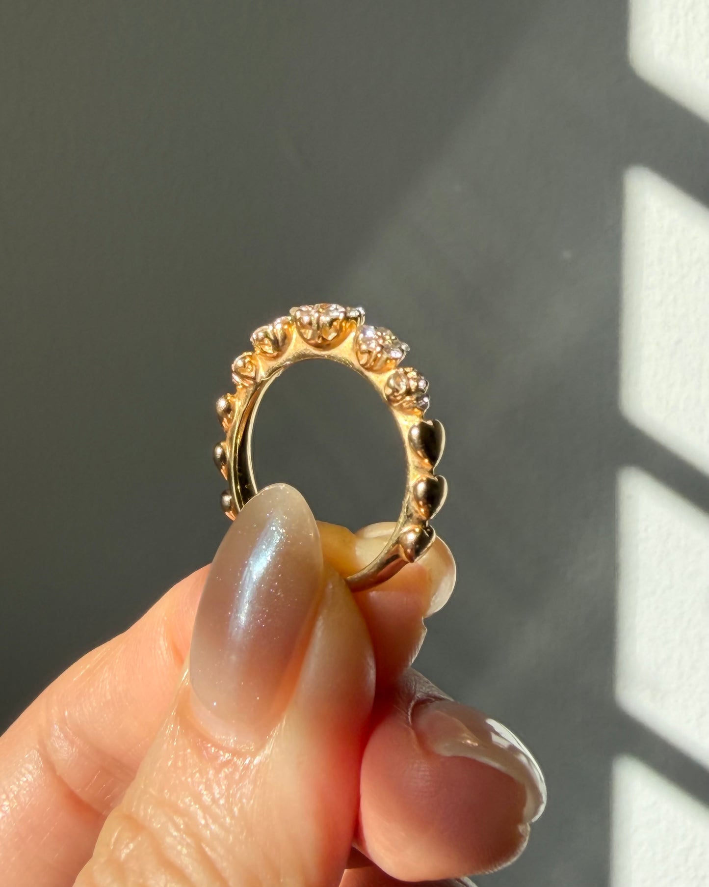 Vintage 18k Gold Diamond Flower Stacking Band - Heart Shoulder Details