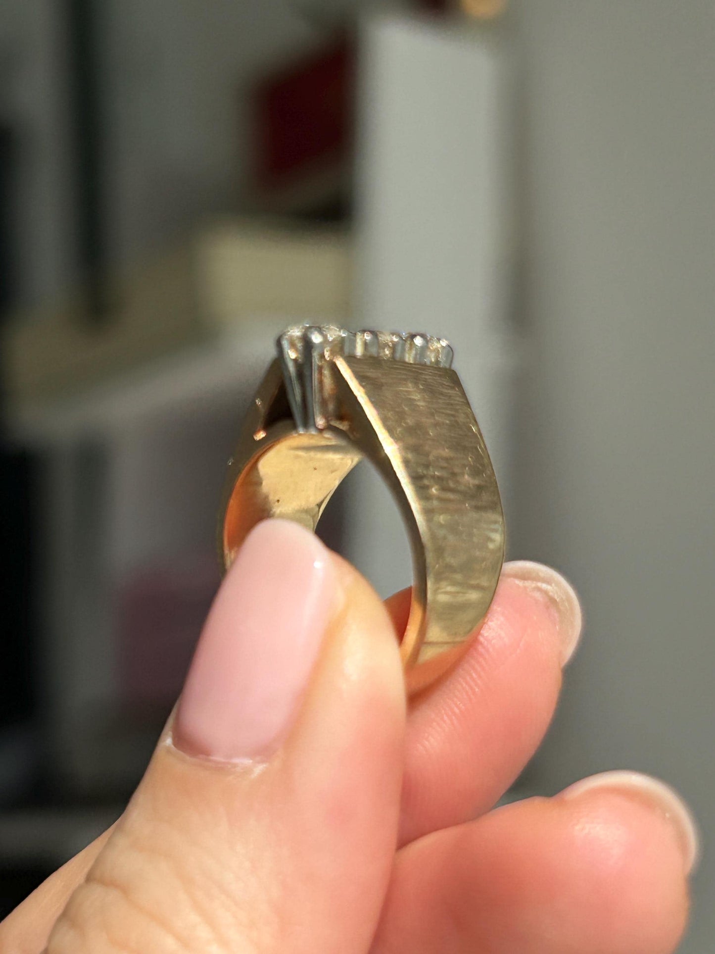 Vintage 14k Yellow Gold Diamond Ring: Vertical Modernist Design, Size 5.5
