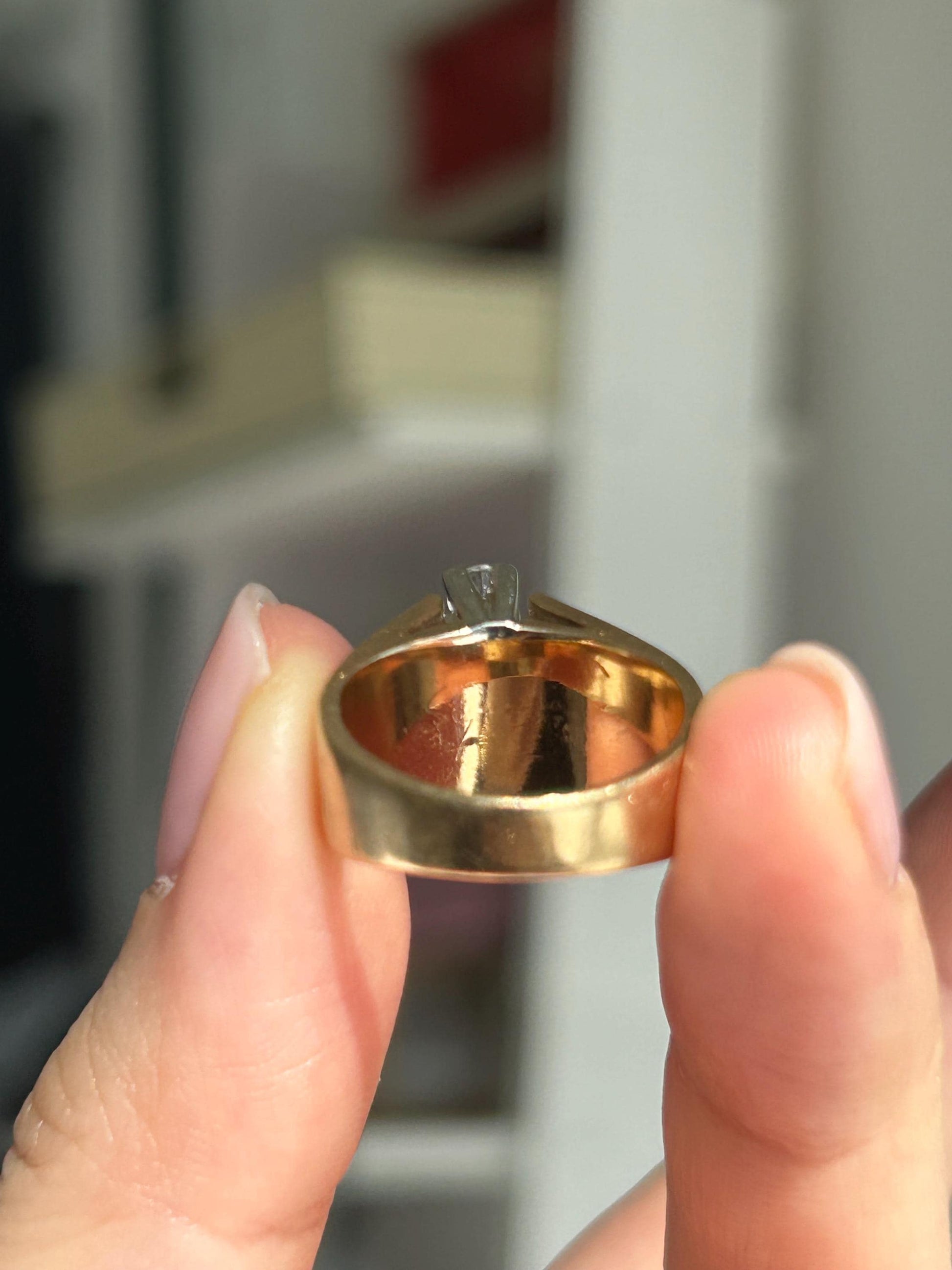 Vintage 14k Yellow Gold Diamond Ring: Vertical Modernist Design, Size 5.5