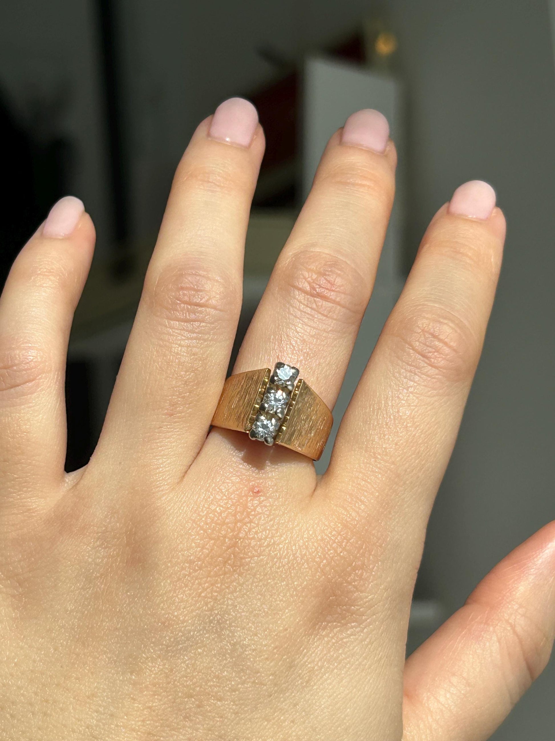 Vintage 14k Yellow Gold Diamond Ring: Vertical Modernist Design, Size 5.5