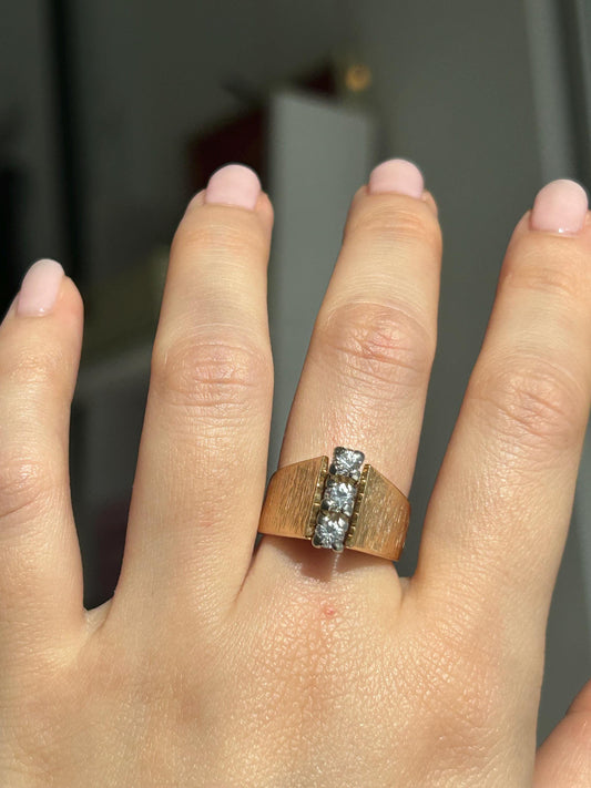 Vintage 14k Yellow Gold Diamond Ring: Vertical Modernist Design, Size 5.5