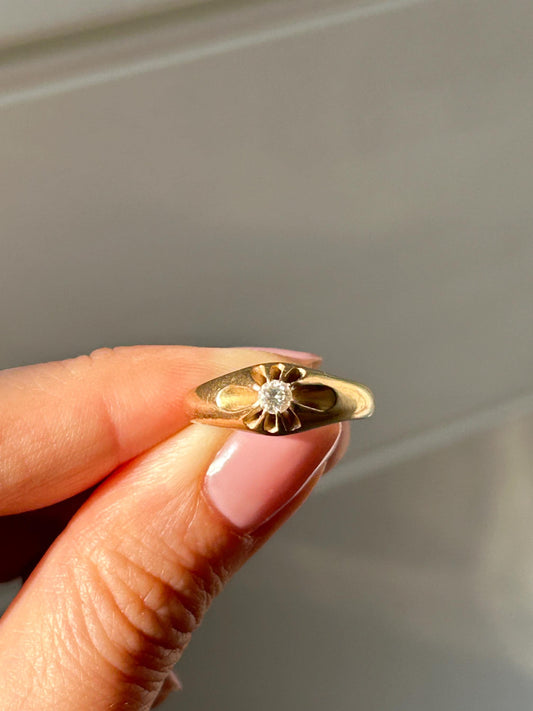 Vintage 18k Yellow Gold Diamond Solitaire Buttercup Ring: Belcher Setting, Size 6.25