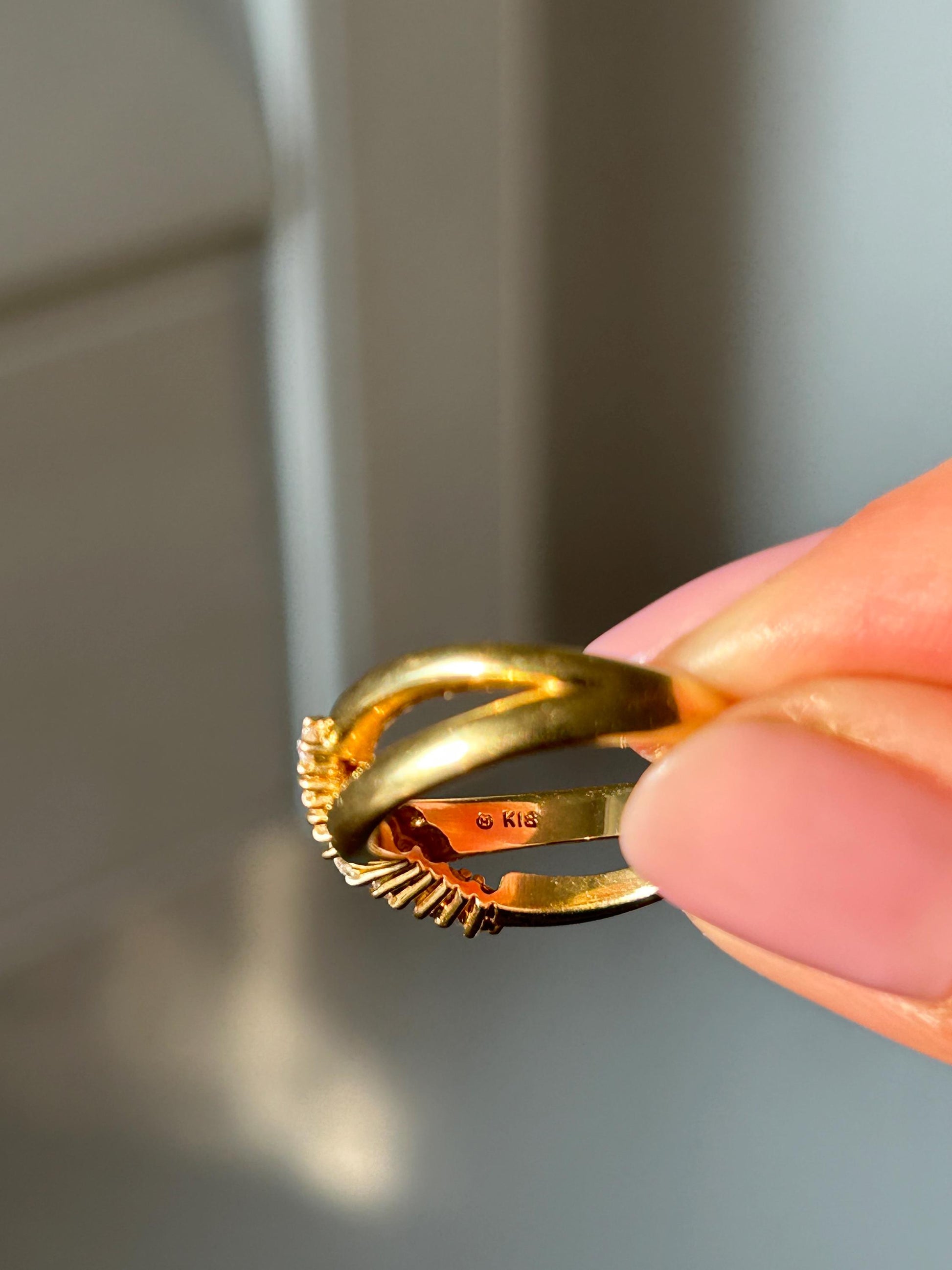 Vintage 18k Yellow Gold Criss Cross Diamond Ring: By Japanese designer Mikimoto, Size 5.75