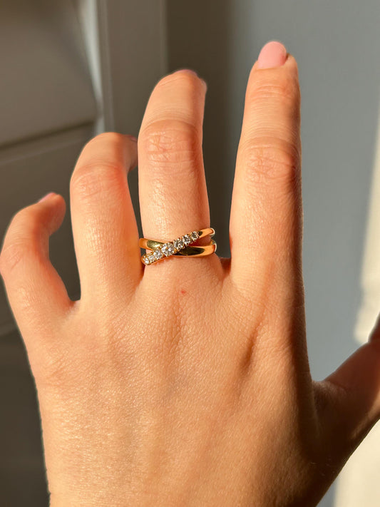 Vintage 18k Yellow Gold Criss Cross Diamond Ring: By Japanese designer Mikimoto, Size 5.75