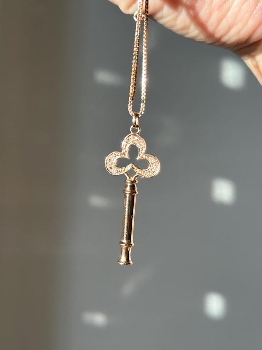 Vintage 18k Rose Gold Diamond Key Pendant Necklace - Adjustable Box Chain