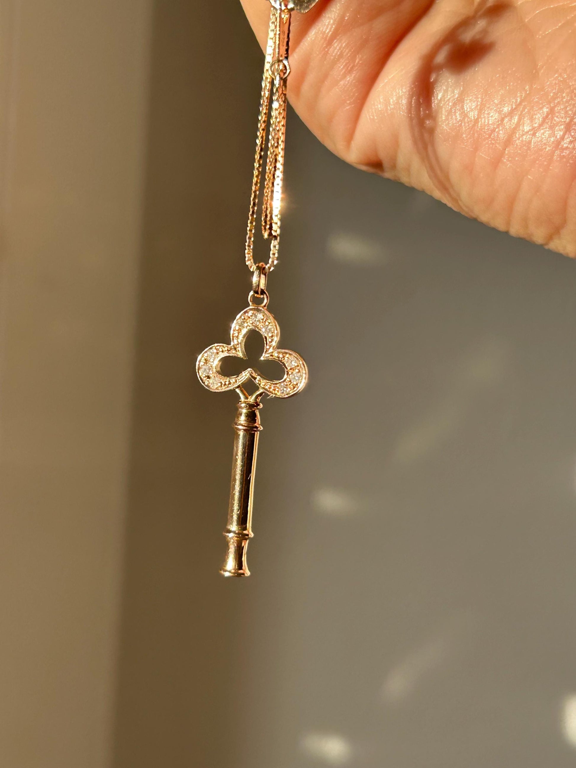 Vintage 18k Rose Gold Diamond Key Pendant Necklace - Adjustable Box Chain