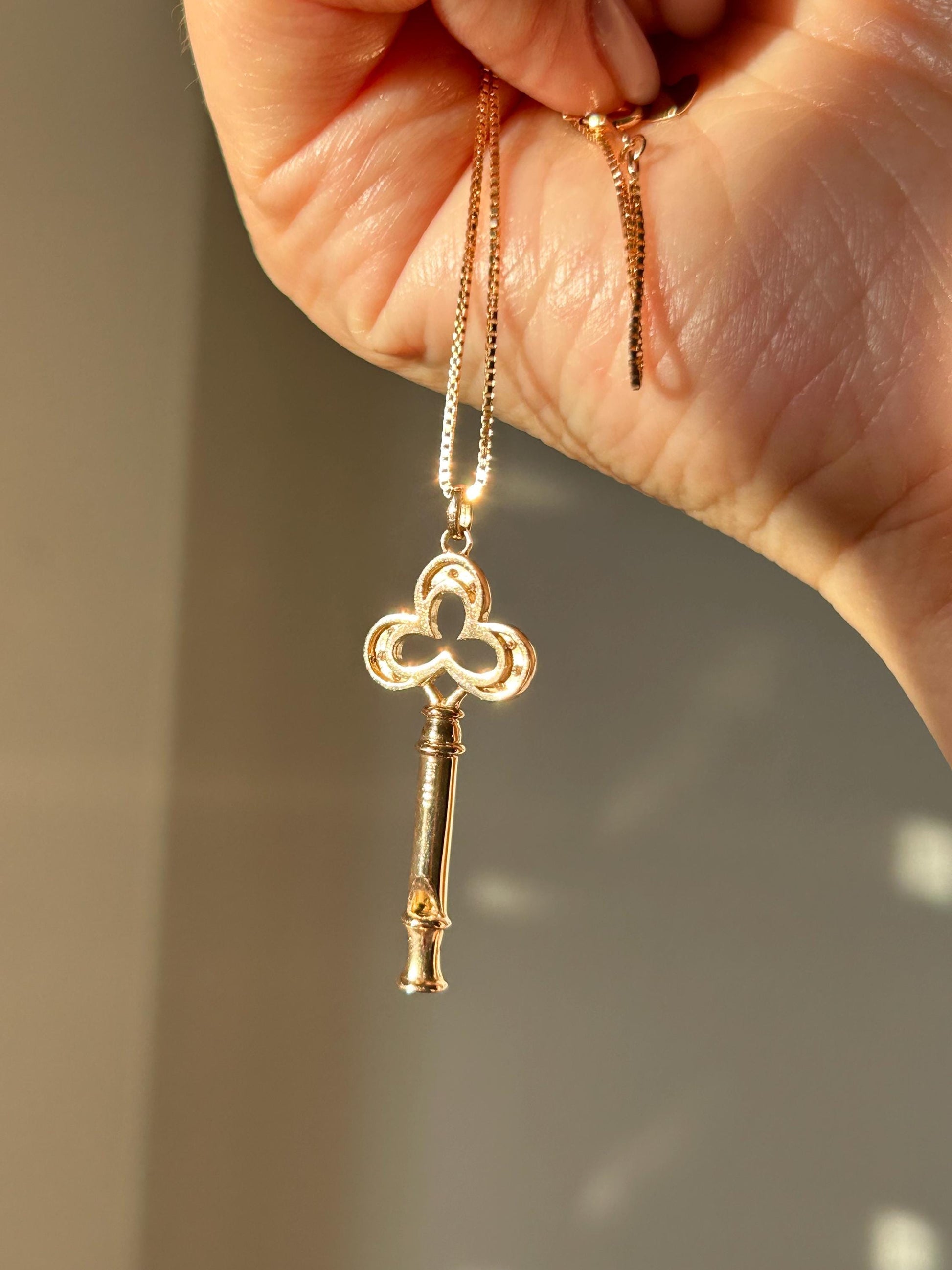 Vintage 18k Rose Gold Diamond Key Pendant Necklace - Adjustable Box Chain