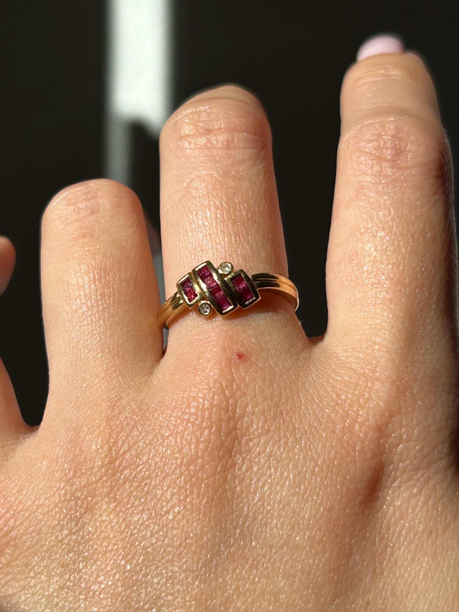 Vintage 18k 50-60’s Art Deco revival zig zag geometric ring with ruby and diamonds.