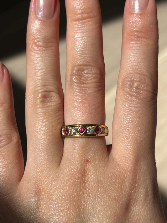 Vintage 18k 50-60’s Art Deco revival geometric ruby and diamond ring