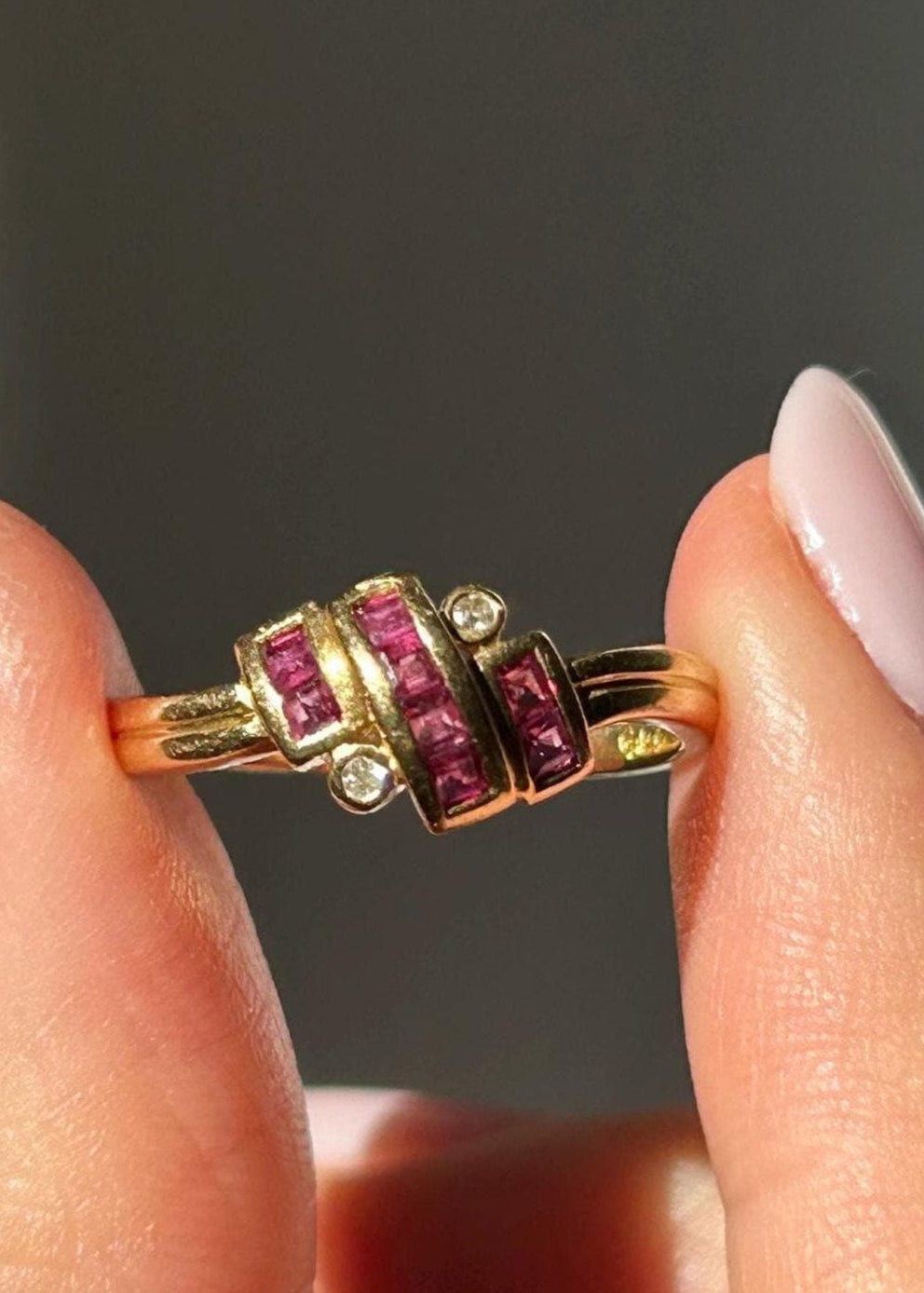Vintage 18k 50-60’s Art Deco revival zig zag geometric ring with ruby and diamonds.