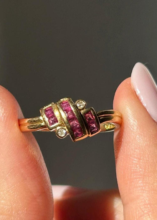 Vintage 18k 50-60’s Art Deco revival zig zag geometric ring with ruby and diamonds.