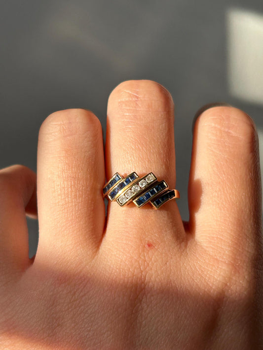 Vintage Art Deco Inspired 18k Gold Diamond & Sapphire Ring - Geometric Zig Zag Design