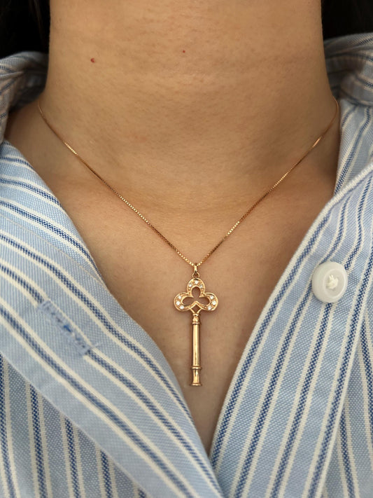 Vintage 18k Rose Gold Diamond Key Pendant Necklace - Adjustable Box Chain