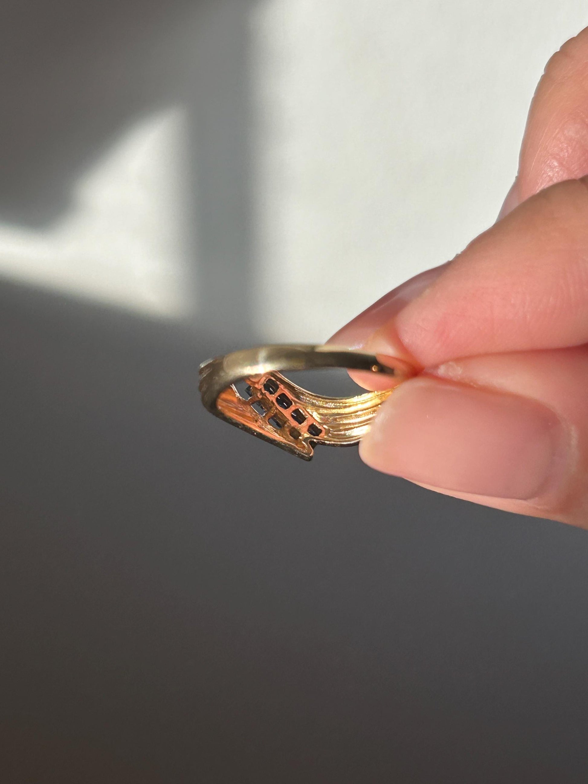 Vintage 18k Gold Sapphire and Diamond Diagonal Ring: Stacking Ring, September Birthstone, US Size 4.75