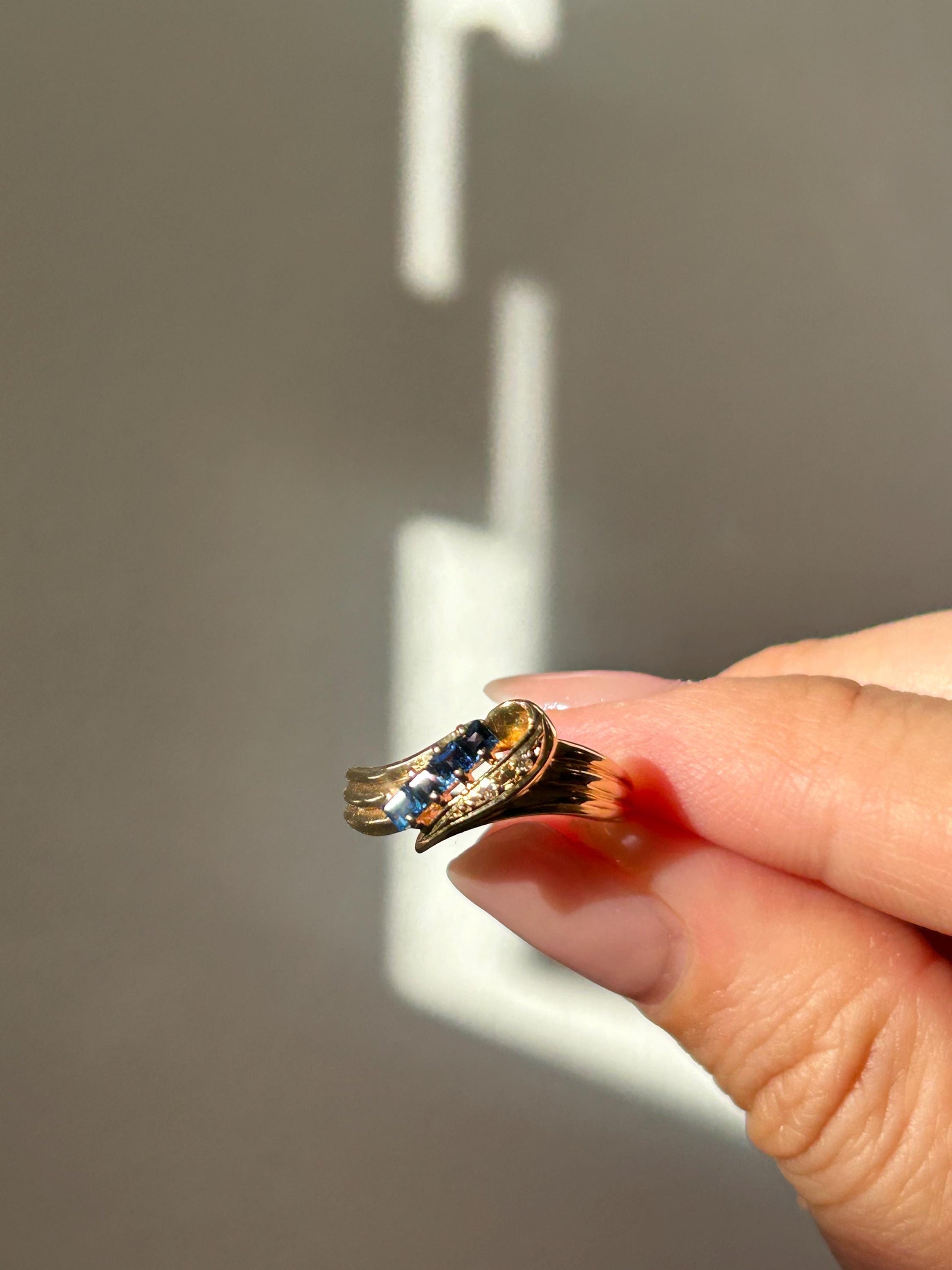 Vintage 18k Gold Sapphire and Diamond Diagonal Ring: Stacking Ring, September Birthstone, US Size 4.75