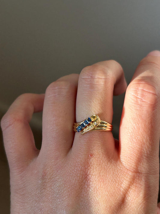 Vintage 18k Gold Sapphire and Diamond Diagonal Ring: Stacking Ring, September Birthstone, US Size 4.75