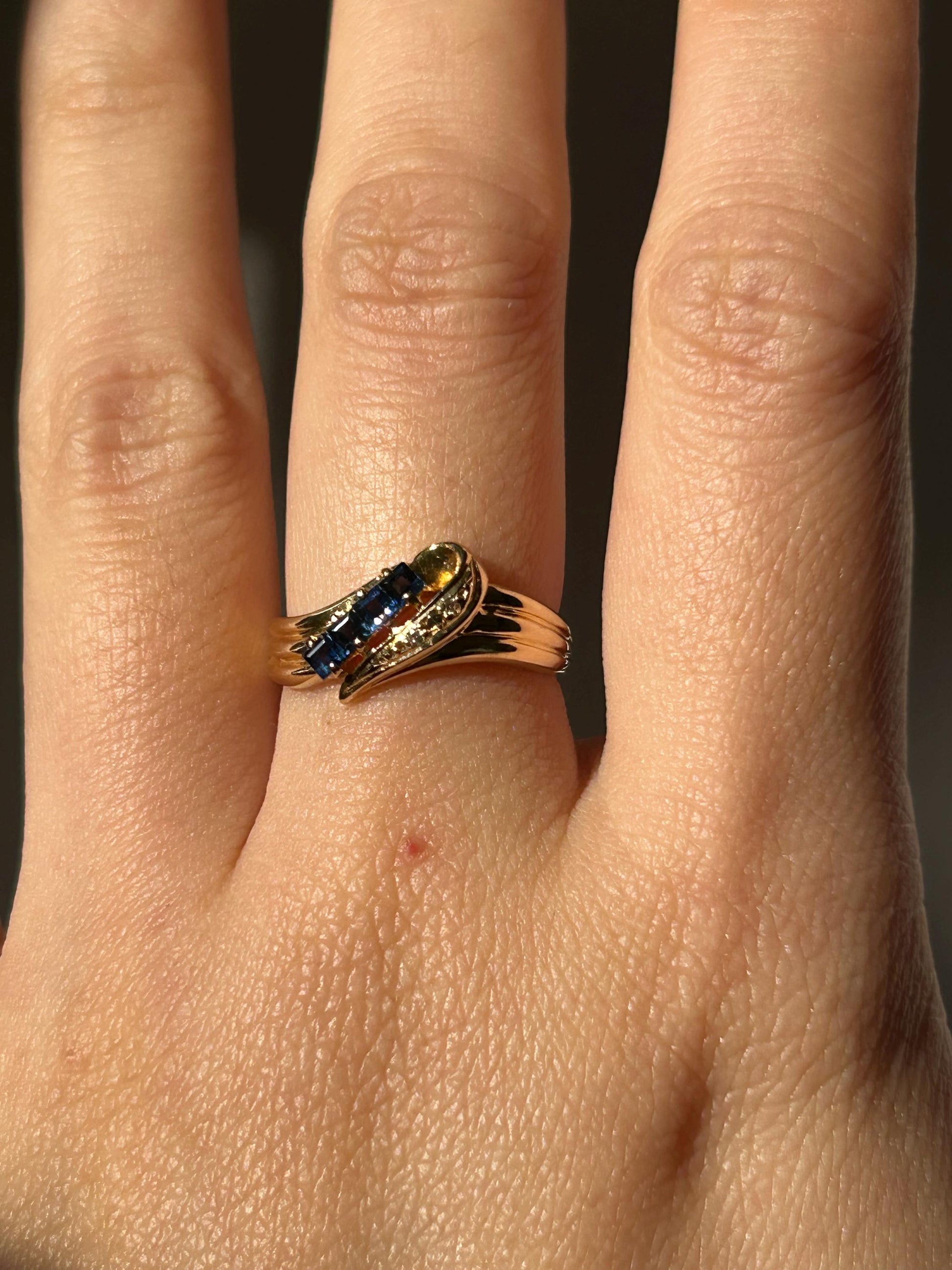Vintage 18k Gold Sapphire and Diamond Diagonal Ring: Stacking Ring, September Birthstone, US Size 4.75