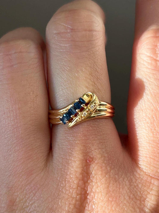 Vintage 18k Gold Sapphire and Diamond Diagonal Ring: Stacking Ring, September Birthstone, US Size 4.75