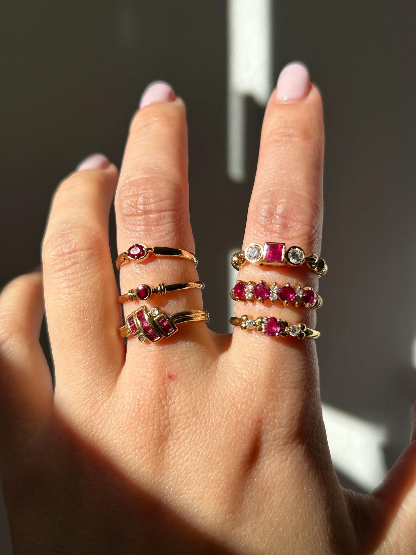 Vintage 18k 50-60’s Art Deco revival zig zag geometric ring with ruby and diamonds.